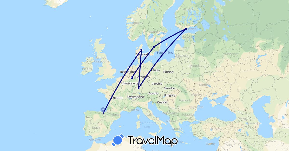 TravelMap itinerary: driving in Germany, Denmark, Spain, Finland, Sweden (Europe)